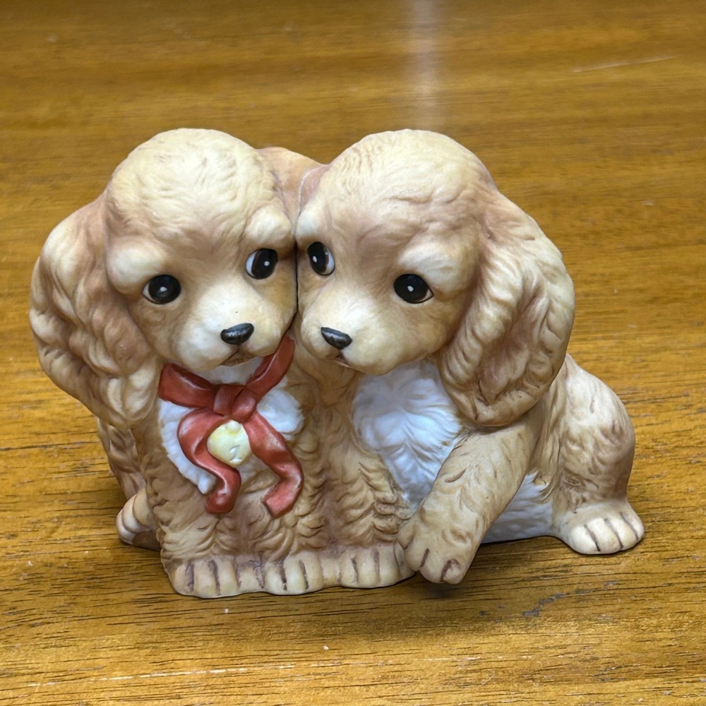 Homco Masterpiece Porcelain Cocker Spaniel Puppies Figurine 1988 Vintage Dog Tan